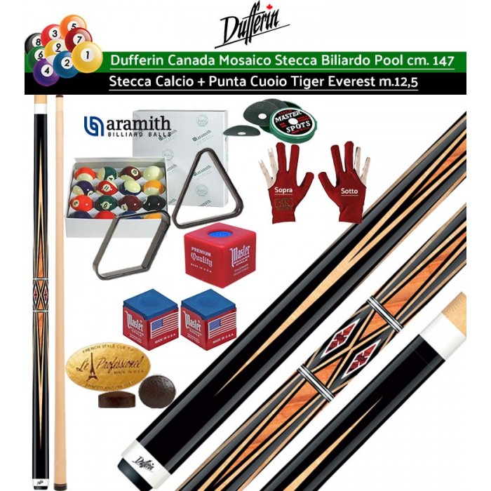 Stecca biliardo pool Dufferin Mosaico Serie D532 Pro. Stecca 2 pezzi, calcio e punta, acero canadese, lunghezza cm.147, cuoio Tiger Everest diametro  m.12,5. Peso 18oz-21oz. con bilie pool Aramith Standard 57,2, accessori e omaggio. Offerta risparmio.