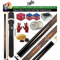 Stecca biliardo pool Dufferin Mosaico Serie D532 Pro. Stecca 2 pz, calcio e punta, acero canadese, cm.147, cuoio Tiger Everest multistrato m.12,5. Peso 18oz-21oz, prolunga universale cm.32,5, ricambi, accessori e omaggio. Offerta risparmio.