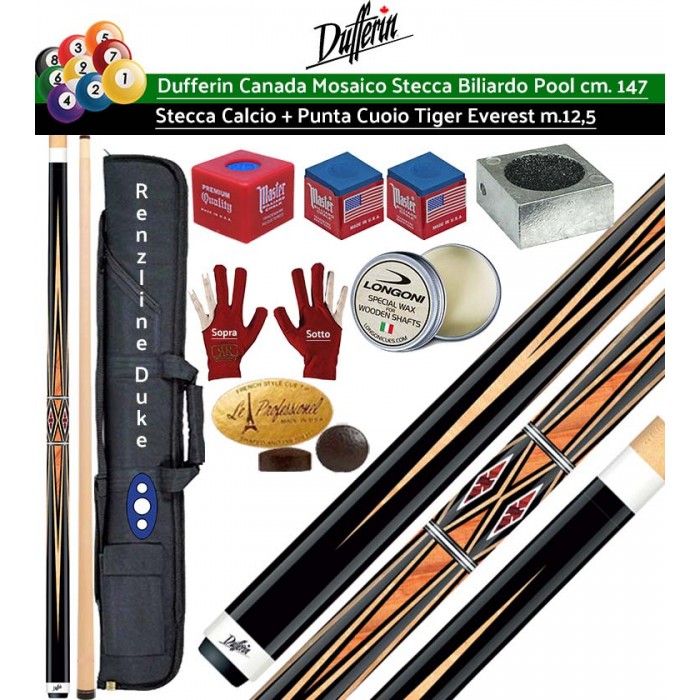 Stecca biliardo pool Dufferin Mosaico Serie D532 Pro. Stecca 2 pz, calcio e punta, acero canadese, cm.147, cuoio Tiger Everest multistrato m.12,5. Peso 18oz-21oz, fodero Duke 2+2 ricambi, accessori e omaggio. Offerta risparmio.