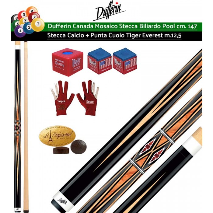 Stecca biliardo pool Dufferin Mosaico Serie D532 Pro. Stecca 2 pezzi, calcio e punta, acero canadese, lunghezza cm.147, cuoio Tiger Everest multistrato diametro  m.12,5. Peso 18oz-21oz. Dotazione ricambi, accessori e omaggio. Offerta risparmio.