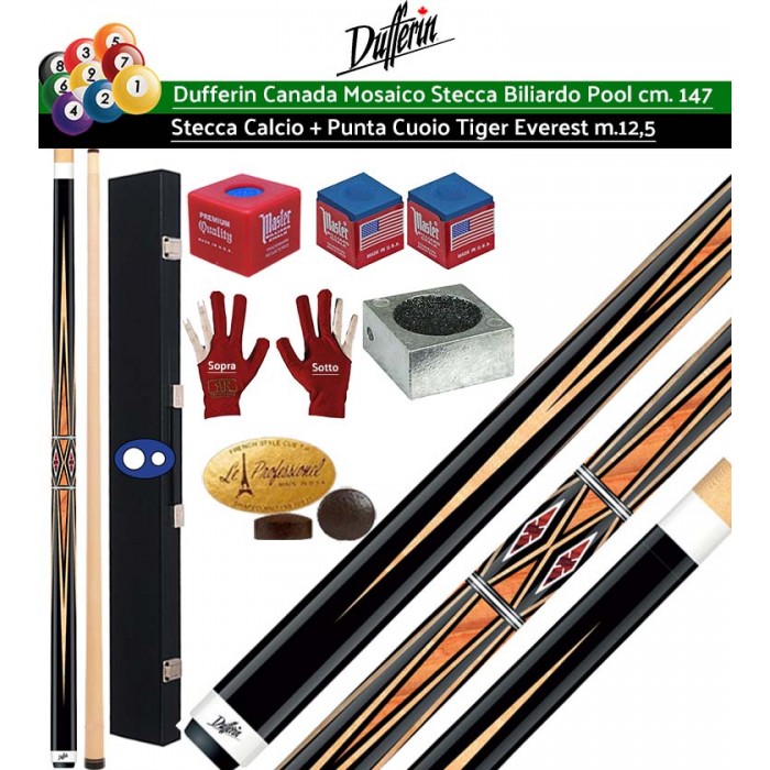 Stecca biliardo pool Dufferin Mosaico Serie D532 Pro. Stecca 2 pz, calcio e punta, acero canadese cm.147 cuoio Tiger Everest multistrato m.12,5 Peso 18oz-21oz, valigetta porta stecca Fire 1+1 ricambi, accessori e omaggio. Offerta risparmio.