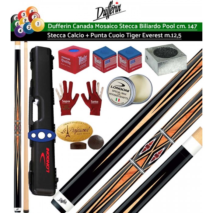 Stecca biliardo pool Dufferin Mosaico Serie D532 Pro. Stecca 2 pz, calcio e punta, acero canadese cm.147 cuoio Tiger Everest multistrato m.12,5. Peso 18oz-21oz, valigetta porta stecca Longoni Shuttle 1+2 ricambi accessori e omaggio. Offerta risparmio.