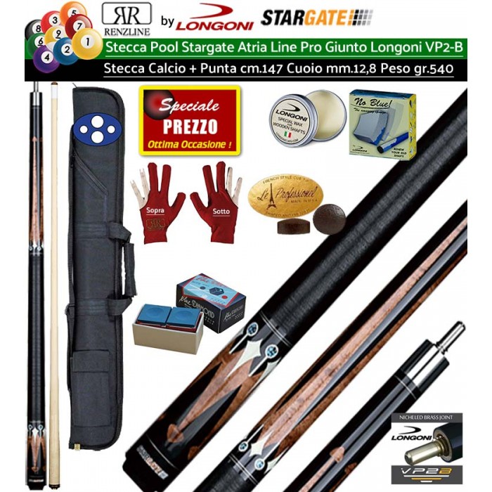 Stecca Pool 15 palle . Stargate Atria Pro 4, stecca smontabile, L. cm.147. Punta in acero, cuoio m.12,8, peso 540gr/19oz  con fodero Duke 2+2, accessori, ricambi e omaggio. Prezzo Speciale