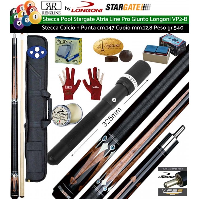 Stecca Pool 15 palle . Stargate Atria 4 Pro, stecca smontabile, lunghezza cm.147. Punta in acero, cuoio m.12,8, peso 540gr/19oz  con fodero Renzline Duke 2+2, prolunga universale, accessori, ricambi e omaggio.