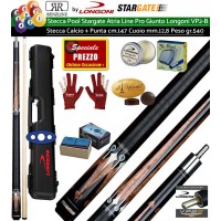 Stecca Pool 15 palle Pro . Stargate Atria Pro 4, stecca smontabile, L. cm.147. Punta in acero, cuoio m.12,8, peso 540gr/19oz  con valigetta Longoni Shuttle 1+2, accessori, ricambi e omaggio.