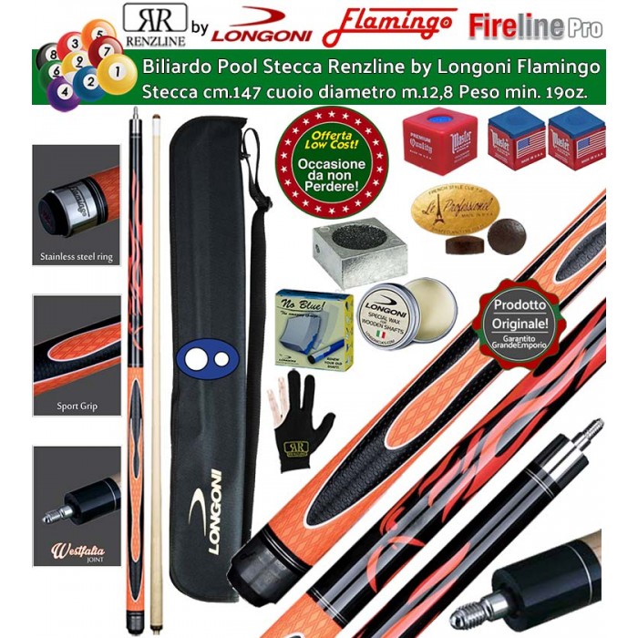 Stecca biliardo pool-(carambola 15 palle)  Flamingo Fire 1 Orange Pro. Stecca smontabile calcio e punta, cm.147. Punta in acero, cuoio m.12,8, impugnatura Sport Grip, con fodero Longoni G 1+1, accessori, ricambi e omaggio