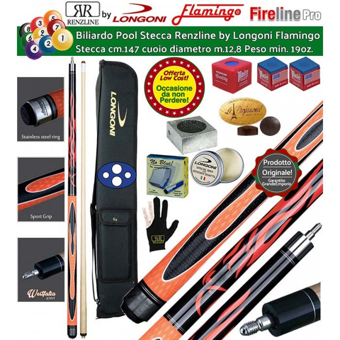 Stecca biliardo pool-(carambola 15 palle)  Flamingo Fire 1 Orange Pro. Stecca smontabile calcio e punta, cm.147. Punta in acero, cuoio m.12,8, impugnatura Sport Grip, con fodero Longoni G-Lux 2+2, accessori, ricambi e omaggio