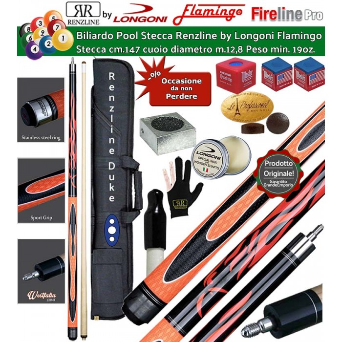 Stecca biliardo pool-(carambola 15 palle)  Flamingo Fire 1 Orange Pro. Stecca smontabile 2pz. calcio e punta, cm.147. Punta in acero, cuoio m.12,8, impugnatura Longoni Sport Grip, con fodero Duke 2+2, accessori, ricambi e omaggio.