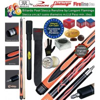 Stecca biliardo pool-(carambola 15 palle)  Flamingo Fire 1 Orange Pro stecca 2 pz. calcio e punta, cm.147, punta in acero, cuoio m.12,8, impugnatura Sport Grip, abbinata ad una prolunga universale Longoni, accessori, ricambi e omaggio