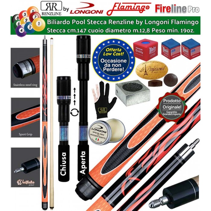 Stecca biliardo pool-(carambola 15 palle)  Flamingo Fire 1 Orange Pro. Stecca smontabile calcio e punta, cm.147. Punta in acero, cuoio m.12,8, impugnatura Sport Grip, con prolunga telescopica Renzline, accessori, ricambi e omaggio