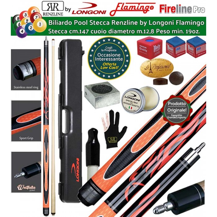 Stecca biliardo pool-(carambola 15 palle)  Flamingo Fire 1 Orange Pro. Stecca smontabile calcio e punta, cm.147. Punta in acero, cuoio m.12,8, impugnatura Sport Grip, con valigetta Longoni Shuttle 1+2, accessori, ricambi e omaggio