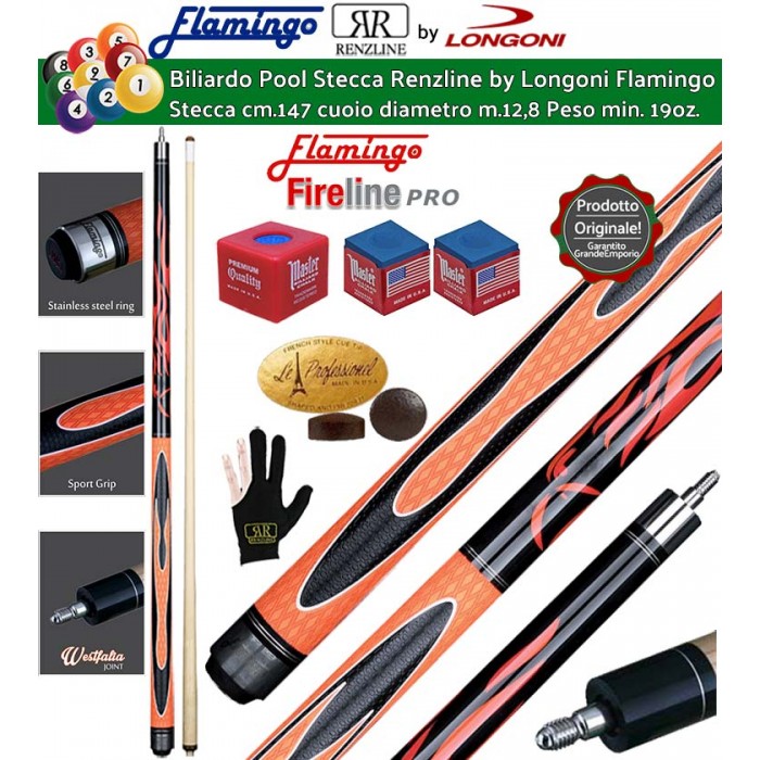 Stecca biliardo pool-(carambola 15 palle)  Flamingo Fire 1 Orange  Pro. Stecca smontabile 2pz. calcio e punta, cm.147. Punta in acero, cuoio m.12,8, impugnatura Longoni Sport Grip, con accessorio, ricambi e omaggio.