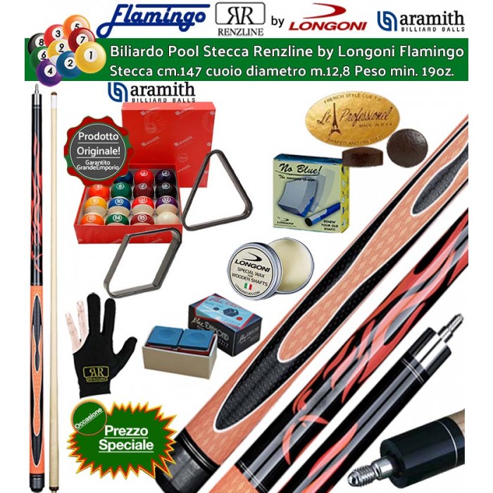Stecca biliardo pool-(carambola 15 palle)  Flamingo Fire 1 Orange Pro. Stecca smontabile, calcio e punta, cm.147. Punta in acero, cuoio m.12,8. Ricambi, accessori e set bilie pool Aramith Continental 57,2. Prezzo Speciale.