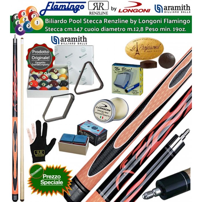 Stecca biliardo pool-(carambola 15 palle)  Flamingo Fire 1 Orange Pro. Stecca smontabile, calcio e punta, cm.147. Punta in acero, cuoio m.12,8. Ricambi, accessori e set bilie pool Aramith Standard 57,2. Prezzo Speciale.