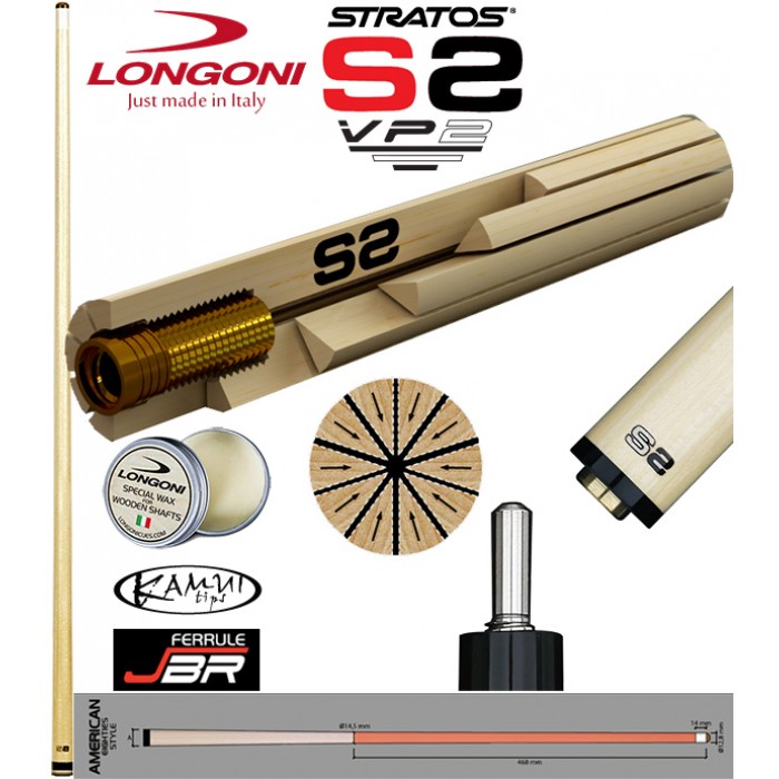 Longoni Stratos S2 VP2 punta per stecche biliardo pool. Punta in hardrock acero del Quebec con tecnica “a spicchi”. Profilo American lunghezza 29’-mm.735, cuoio  mm.12,8, con omaggio.