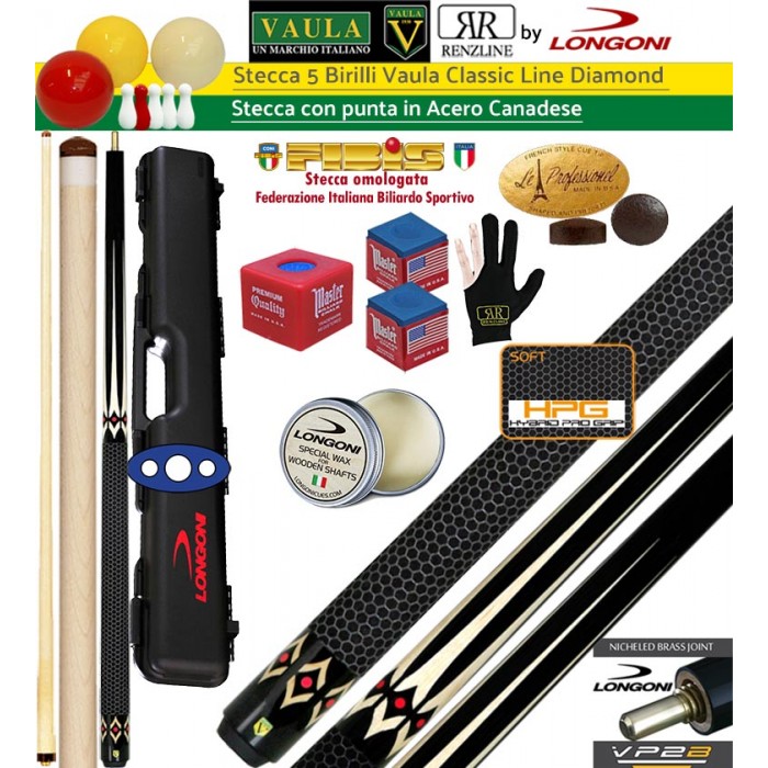 Stecca biliardo 5 birilli, per Italiana e Goriziana Longoni Vaula Classic Diamond basic cm.141,5, con punta in acero cuoio mm.12,2. Omologata Coni Fibis, con valigetta porta stecca Longoni Shuttle 1+2, accessori, ricambi e omaggio. Stecca biliardo 5 birilli, per Italiana e Goriziana Longoni Vaula Classic Diamond basic cm.141,5, con punta in acero cuoio mm.12,2. Omologata Coni Fibis, con valigetta porta stecca Longoni Shuttle 1+2, accessori, ricambi e omaggio.