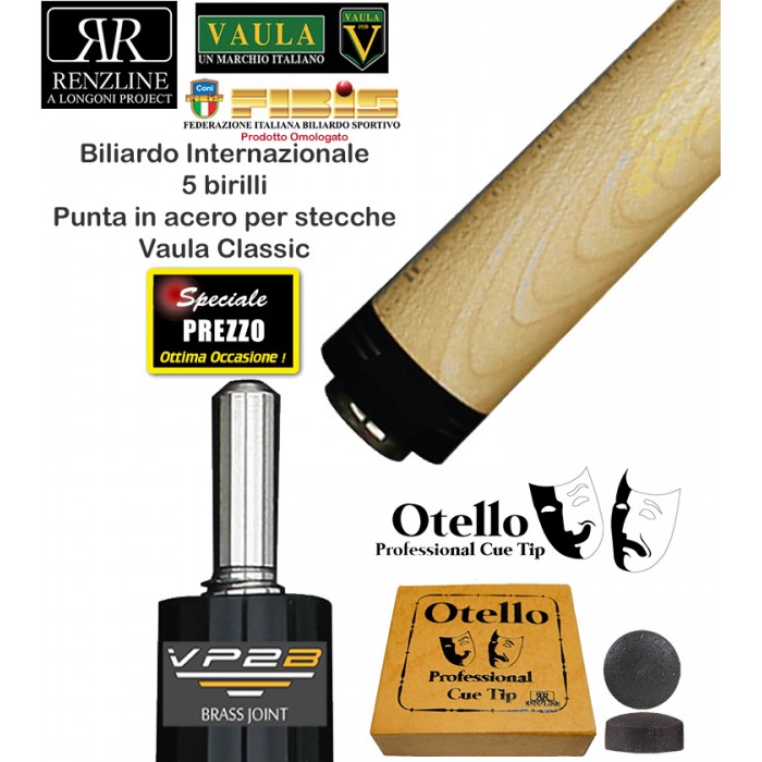 Biliardo 5 birilli internazionale punta per stecca Longoni  Vaula Classic in acero cm. 73 cuoio diametro mm.12,2, con cuoio Otello di ricambio e omaggio.