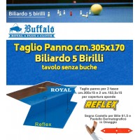 Biliardo 5 birilli Panno Royal Plus, blu oceano, per tavolo internazionale senza buche. Panno cm.305x170 per copertura piano biliardo campo gioco cm.280x142. Abbinamento con fasce panno per sponde Reflex. Accessori omaggio.