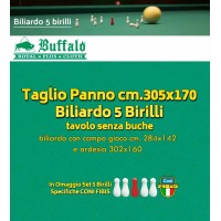 Biliardo 5 birilli Panno Buffalo Royal Plus Laeken, yellow green, per tavolo internazionale senza buche. Panno cm.305x170 copertura piano biliardo campo gioco cm.280x142, sponde escluse. Panno sintetico, poliestere e viscosa. Set birilli in omaggio.