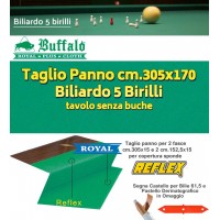 Biliardo 5 birilli Panno Royal Plus, yellow green, per tavolo internazionale senza buche. Panno cm.305x170 per copertura piano biliardo campo gioco cm.280x142. Abbinamento con fasce panno per sponde Reflex. Accessori omaggio.