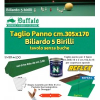 Biliardo 5 birilli Panno Buffalo Royal Plus Laeken, VG tavolo internazionale senza buche. Panno cm.305x170 copertura piano biliardo campo gioco cm.280x142. Abbinamento con fasce panno sponde Reflex e liste gomma sponde Smeraldo. Accessori omaggio.