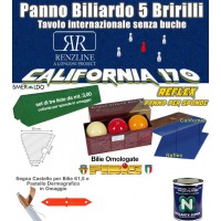 Panno biliardo 5 birilli Renzline California blu, panno cm.305x170 copertura piano biliardo con campo gioco fino a cm.284x142 e ardesia cm.302x160, con panno per sponde Reflex, gomme sponde Smeraldo e bilie Super Aramith 61,5 omologate.