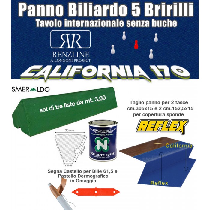 Panno biliardo 5 birilli Renzline California blu, panno cm.305x170 copertura piano biliardo con campo gioco fino a cm.284x142 e ardesia cm.302x160, con panno per sponde Reflex e gomme sponde Smeraldo, collante e omaggi.