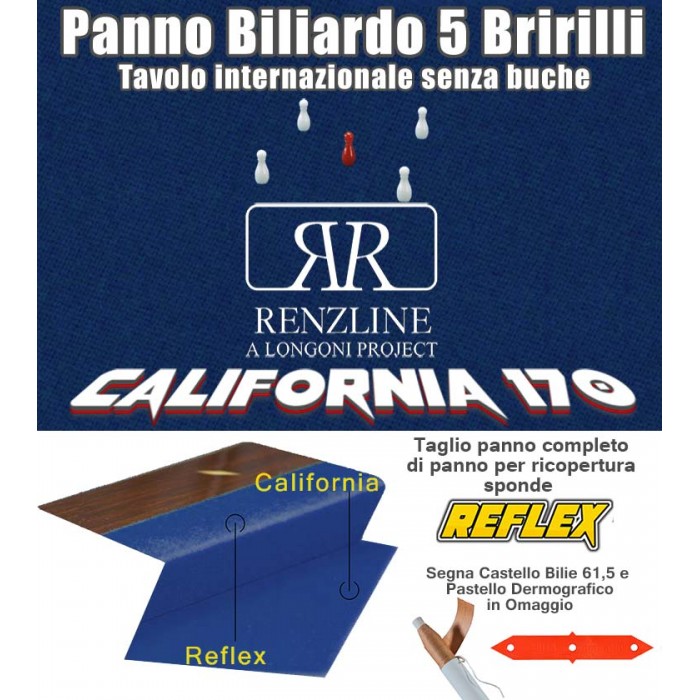 Panno biliardo 5 birilli tavolo internazionale, senza buche,  Renzline California blu taglio cm.305x170 copertura piano biliardo con campo gioco fino a cm.284x142, abbinato ad un set di panno per sponde Reflex. Accessori e omaggio.