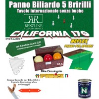 Panno biliardo 5 birilli Renzline California verde, panno cm.305x170 copertura piano biliardo con campo gioco fino a cm.284x142 e ardesia cm.302x160, con panno per sponde Reflex, gomme sponde Smeraldo e bilie Super Aramith 61,5 omologate.