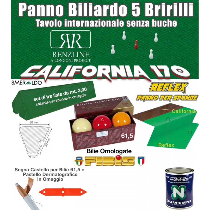 Panno biliardo 5 birilli Renzline California verde, panno cm.305x170 copertura piano biliardo con campo gioco fino a cm.284x142 e ardesia cm.302x160, con panno per sponde Reflex, gomme sponde Smeraldo e bilie Super Aramith 61,5 omologate. Panno biliardo 5 birilli Renzline California verde, panno cm.305x170 copertura piano biliardo con campo gioco fino a cm.284x142 e ardesia cm.302x160, con panno per sponde Reflex, gomme sponde Smeraldo e bilie Super Aramith 61,5 omologate.