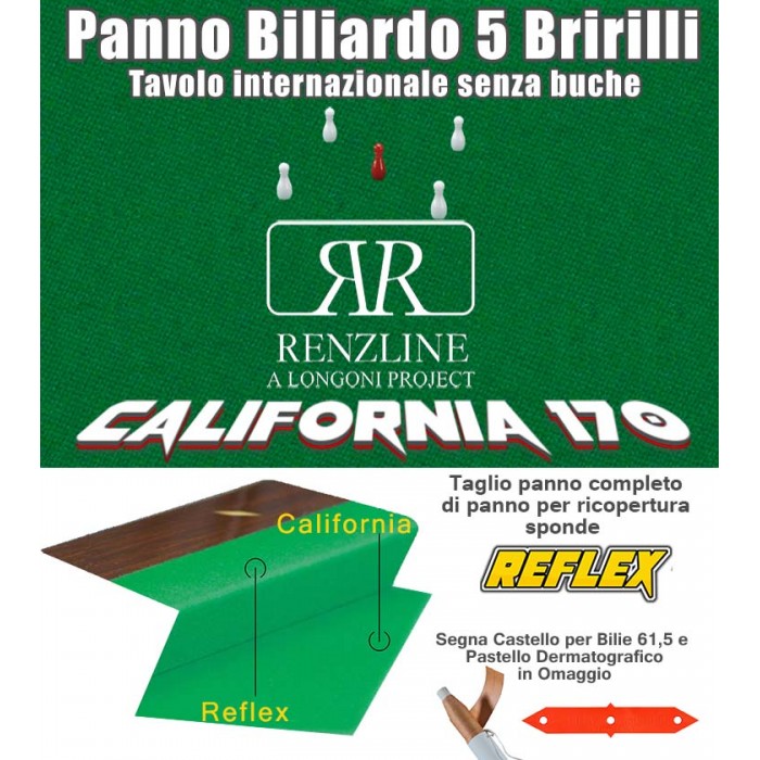 Panno biliardo 5 birilli tavolo internazionale, senza buche,  Renzline California verde taglio cm.305x170 copertura piano biliardo con campo gioco fino a cm.284x142, abbinato ad un set di panno per sponde Reflex. Accessori e omaggio.