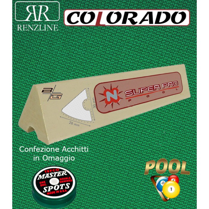  Colorado panno biliardo 43% lana e 57% poliestere. Taglio panno cm.280x168 per biliardo Pool 8 piedi, campo da gioco cm. 224x112. In abbinamento set di 6 gomme sponde Longoni Super Pro, ed omaggio.