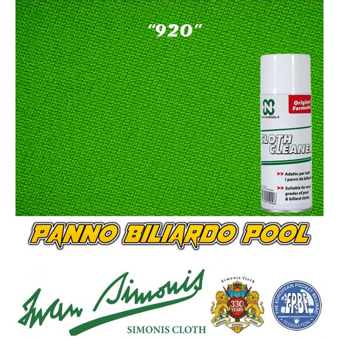 Panno biliardo Pool Iwan Simonis 920-195 yellow-green. Taglio cm. 250x195 copertura piano e sponde biliardo pool 8 piedi campo da gioco cm. 224x112, ardesia cm. 241x130, con omaggio.