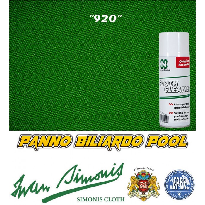 Panno biliardo Pool Iwan Simonis 920 verde inglese. Taglio cm. 250x195 copertura piano e sponde biliardo pool 8 piedi campo da gioco cm. 224x112, ardesia cm. 241x130, con omaggio.