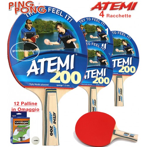 Atemi 200 Quattro 4 Racchette Da Ping Pong Tennis Da Tavolo Dorso Rosso Nero Con Dodici 12 Palline In Omaggio