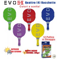 EVO S-II quattro (4) racchette da ping pong  per esterno in nylon sfera-vetro, rivestita in gomma,  colori a scelta. Omaggio 12 palline.