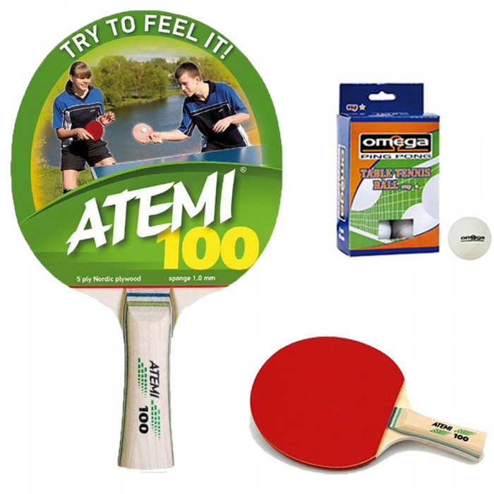 Atemi 100 racchetta da ping pong (tennis da tavolo) dorso rosso-nero, con sei (6) palline in omaggio.