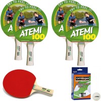 Atemi 100 quattro (4) racchette da ping pong (tennis da tavolo) dorso rosso-nero, con dodici (12) palline in omaggio.