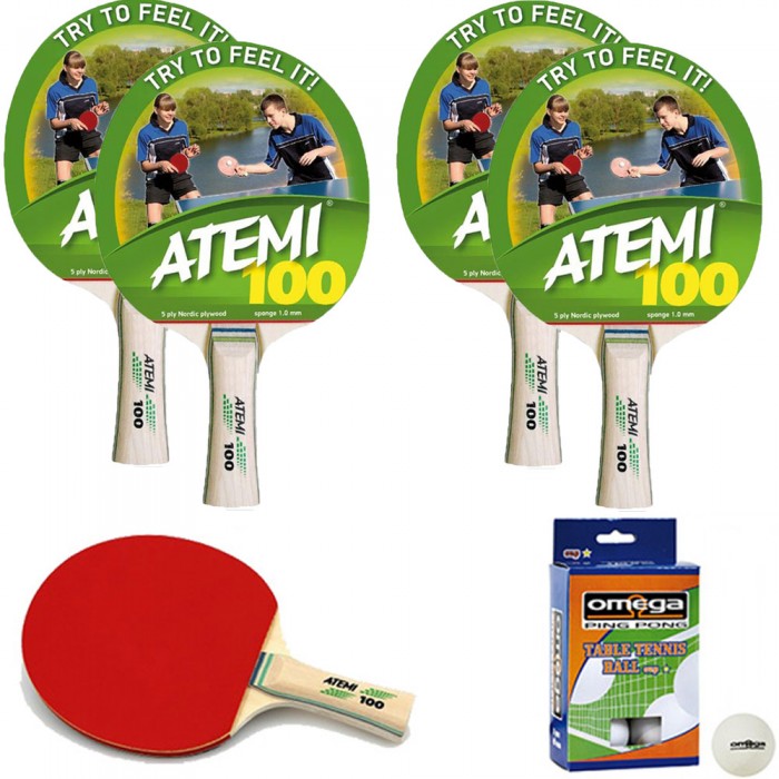 Atemi 100 quattro (4) racchette da ping pong (tennis da tavolo) dorso rosso-nero, con dodici (12) palline in omaggio.