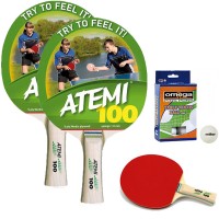 Atemi 100 coppia racchette da ping pong (tennis da tavolo) dorso rosso-nero, con dodici (12) palline in omaggio.