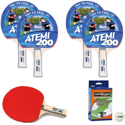 Atemi 200 quattro (4) racchette da ping pong (tennis da tavolo) dorso rosso-nero, con dodici (12) palline in omaggio.