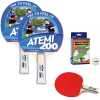 Atemi 200 coppia racchette da ping pong (tennis da tavolo) dorso rosso-nero, con dodici (12) palline in omaggio.