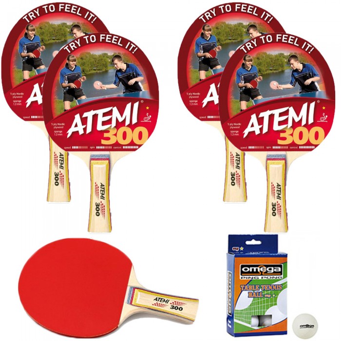 Atemi 300 quattro (4) racchette da ping pong (tennis da tavolo) omologate. dorso rosso-nero, con dodici (12) palline in omaggio.