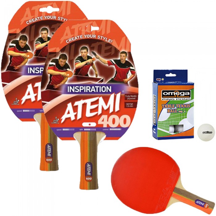 Atemi 400 linea Traning 2 racchette da ping pong (tennis da tavolo) dorso rosso-nero, modello approvato dalla Federazione Internazionale del Ping Pong.