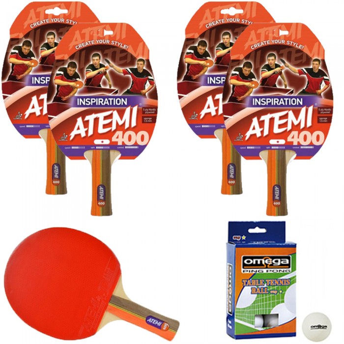 Atemi 400 linea Traning 4 racchette da ping pong (tennis da tavolo) dorso rosso-nero, modello approvato dalla Federazione Internazionale del Ping Pong.