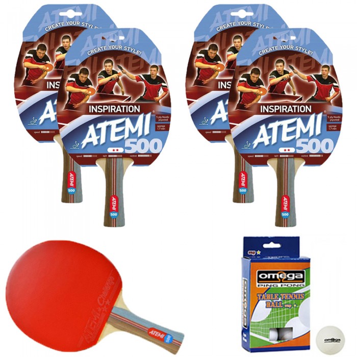 Atemi 500 linea Traning 4 racchette da ping pong (tennis da tavolo) dorso rosso-nero, modello approvato dalla Federazione Internazionale del Ping Pong.