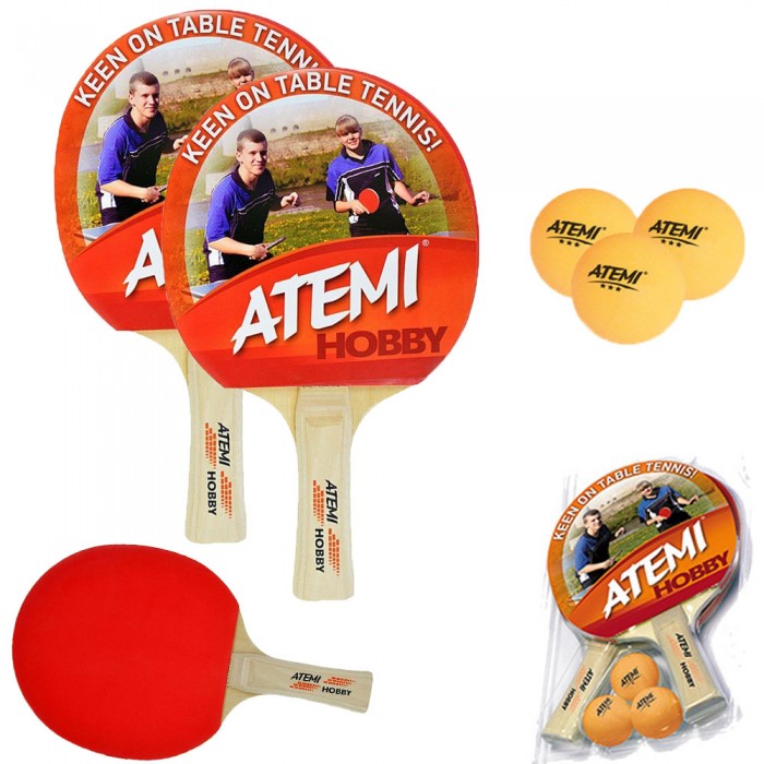 Atemi Hobby racchette da ping pong -tennis da tavolo set due (2) racchette dorsi rosso-nero, con tre (3) palline 1Star arancio. 
