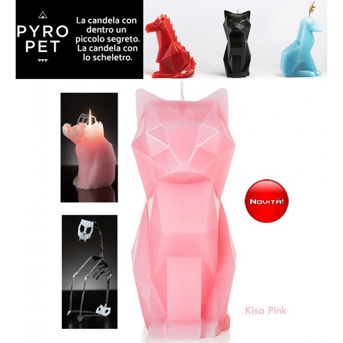 Pyro Pet Kisa-il gatto candela in cera scolpita con le forme di un simpatico gatto rosa, con incorporato lo scheletro, artigianale, in metallo dalle sinistre forme di un gatto in agguato.