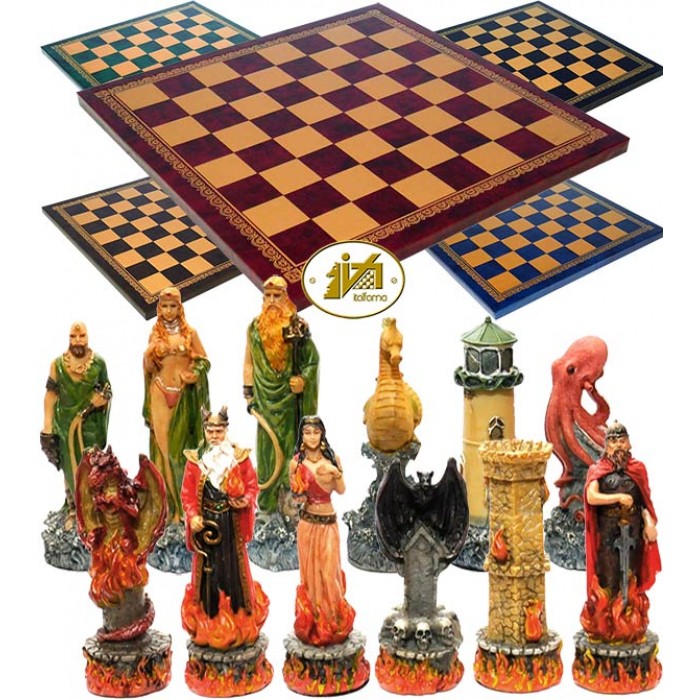 Completo scacchi tematici Italfama figure dell’ Acqua e del Fuoco. Re h cm.8 con scacchiera Italfama, similcuoio, colore a scelta, cm. 40x40, campo da gioco cm. 36x36, casa mm.45x45.