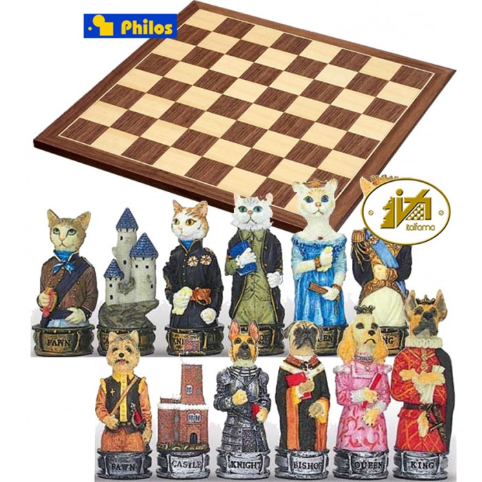 Scacchi artistici tematici Italfama, figure di cani contro gatti. Re h cm.8, con scacchiera in legno Kopenhagen dimensioni cm.45x45x1,3, casa mm.40x40.
